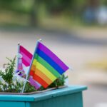Plusieurs drapeaux LGBT colorés tenus lors d’un rassemblement