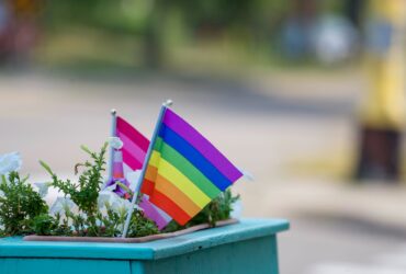 Plusieurs drapeaux LGBT colorés tenus lors d’un rassemblement